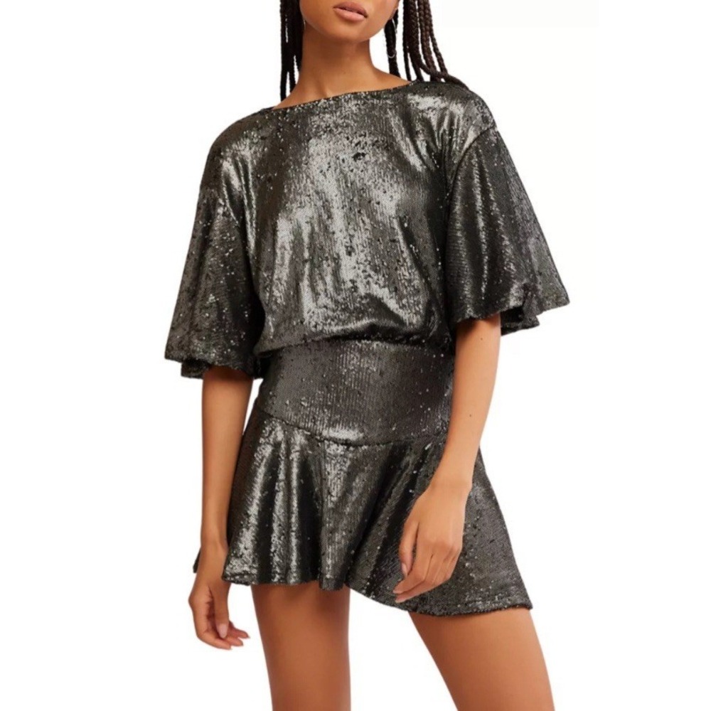 Free People Women's Manuka Sequin Mini Dress Silver Gunmetal Gray Medium NWT